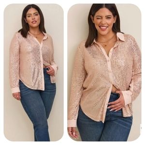 Torrid Pink Rose Gold Sequin Button Up Long Sleeve Blouse